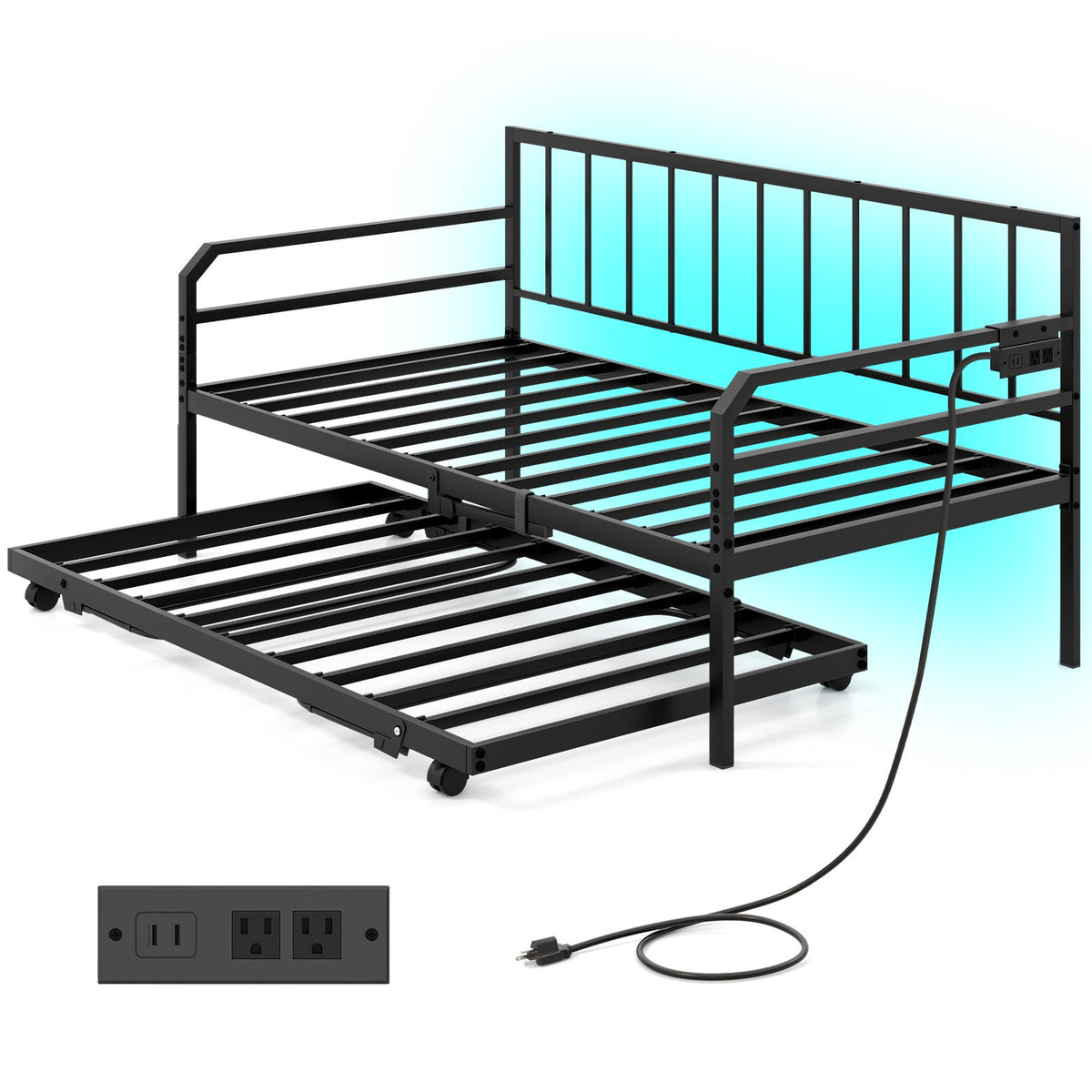 Adjustable Metal Twin Size Daybed with Charging Station and LED Light-Trundle Bed Frame-DECOROLALA