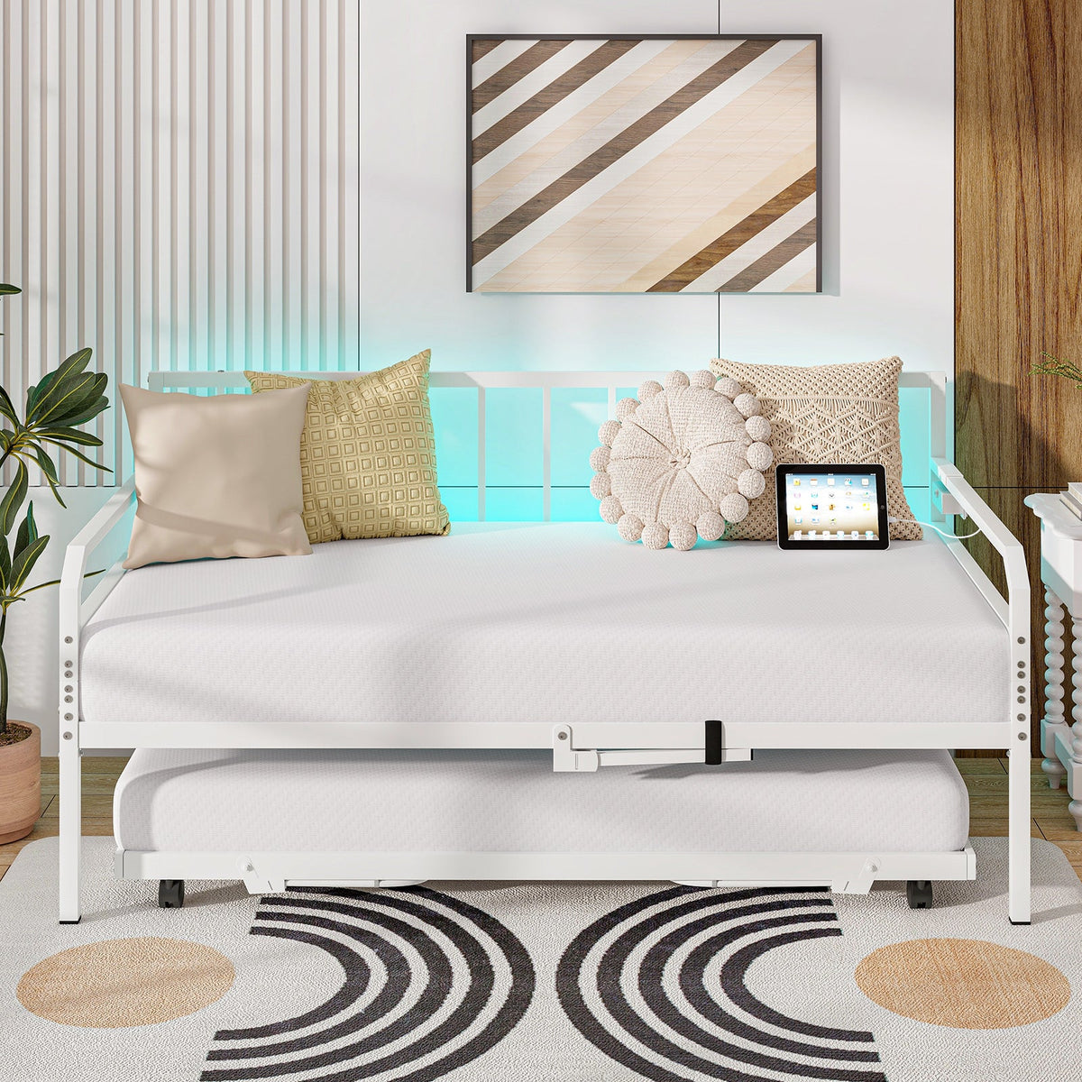 Adjustable Metal Twin Size Daybed with Charging Station and LED Light-Trundle Bed Frame-DECOROLALA