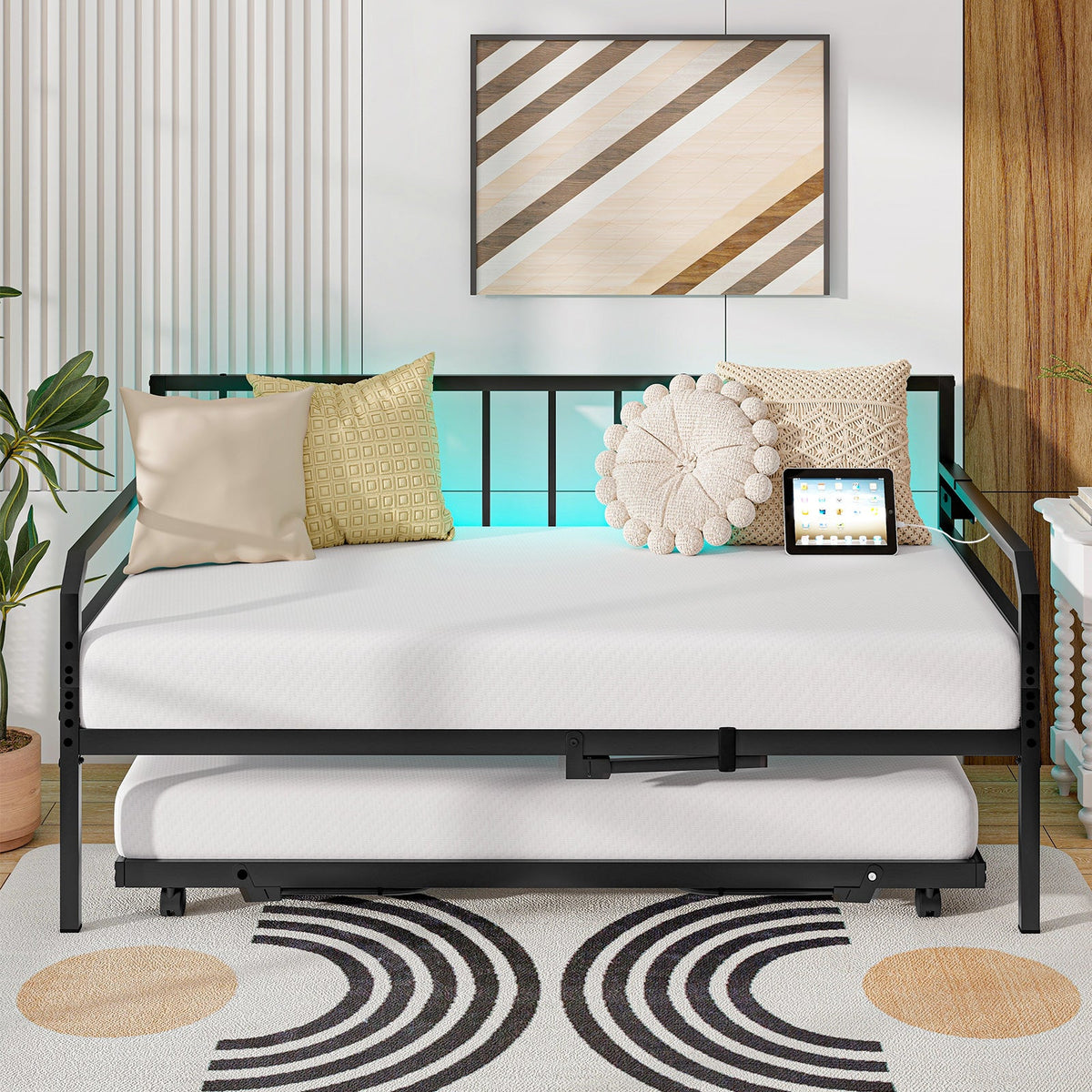 Adjustable Metal Twin Size Daybed with Charging Station and LED Light-Trundle Bed Frame-DECOROLALA