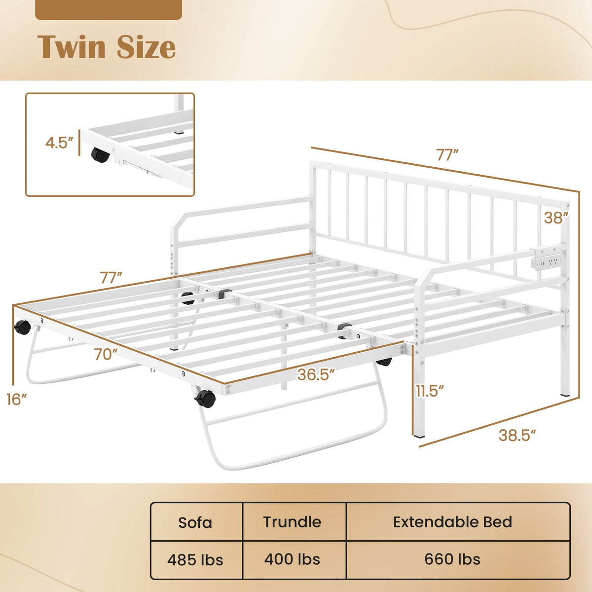 Adjustable Metal Twin Size Daybed with Charging Station and LED Light-Trundle Bed Frame-DECOROLALA