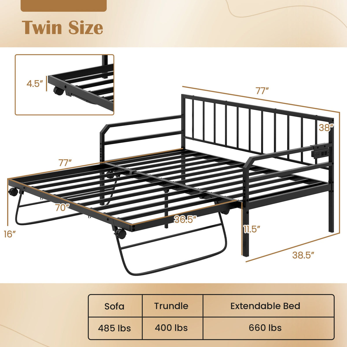 Adjustable Metal Twin Size Daybed with Charging Station and LED Light-Trundle Bed Frame-DECOROLALA
