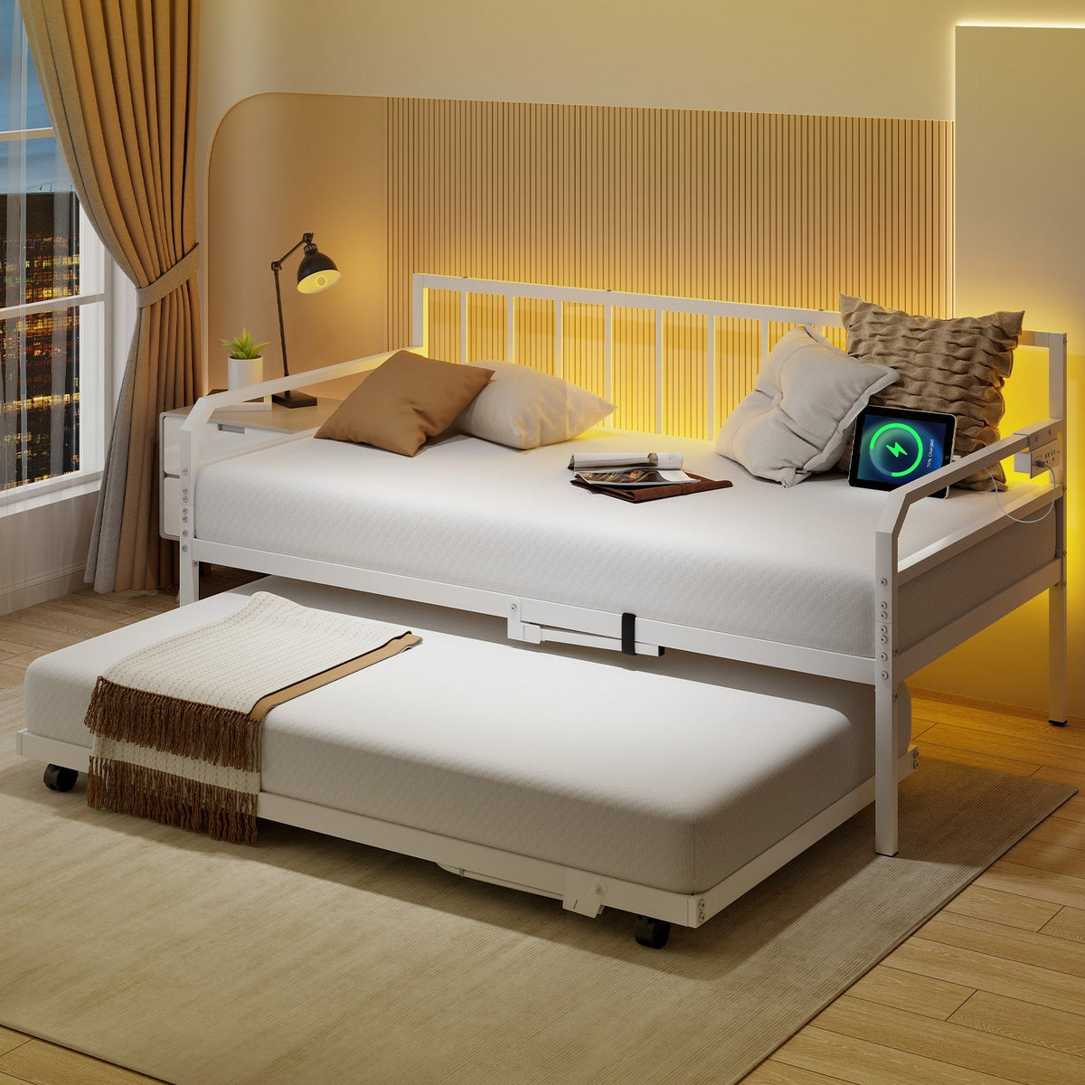 Adjustable Metal Twin Size Daybed with Charging Station and LED Light-Trundle Bed Frame-DECOROLALA