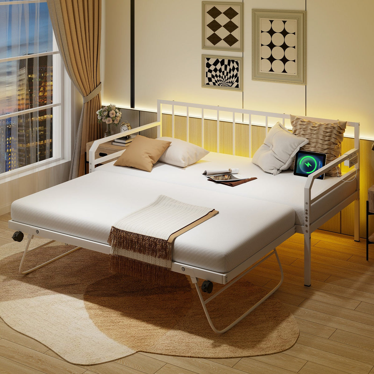 Adjustable Metal Twin Size Daybed with Charging Station and LED Light-Trundle Bed Frame-DECOROLALA