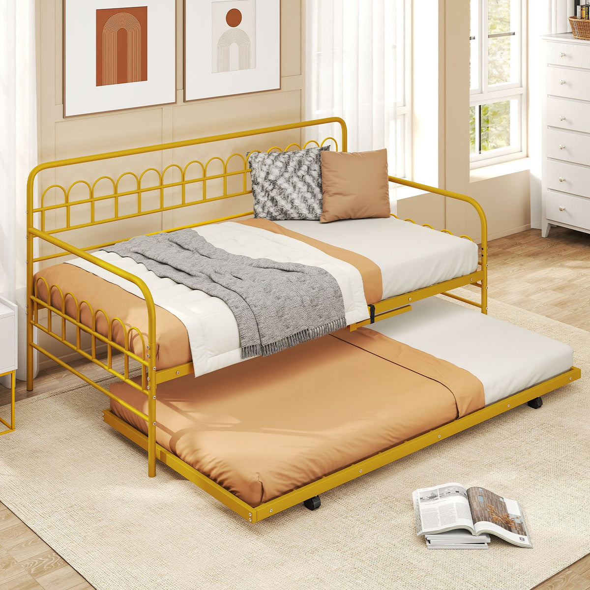 Twin Daybed with Curved Backrest and Armrests-Trundle Bed Frame-DECOROLALA