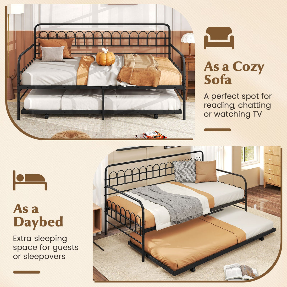 Twin Daybed with Curved Backrest and Armrests-Trundle Bed Frame-DECOROLALA