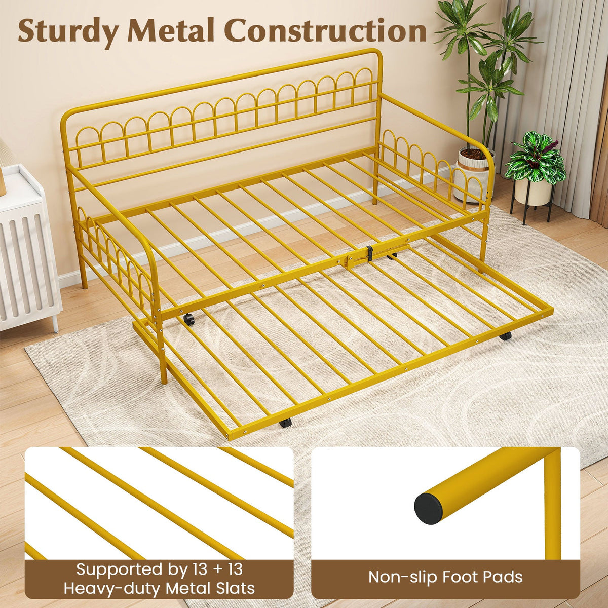 Twin Daybed with Curved Backrest and Armrests-Trundle Bed Frame-DECOROLALA