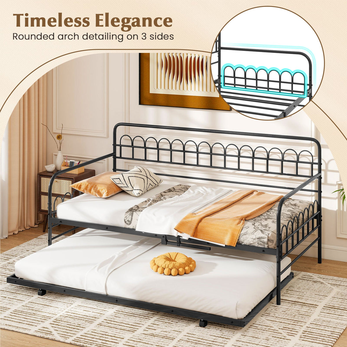 Twin Daybed with Curved Backrest and Armrests-Trundle Bed Frame-DECOROLALA