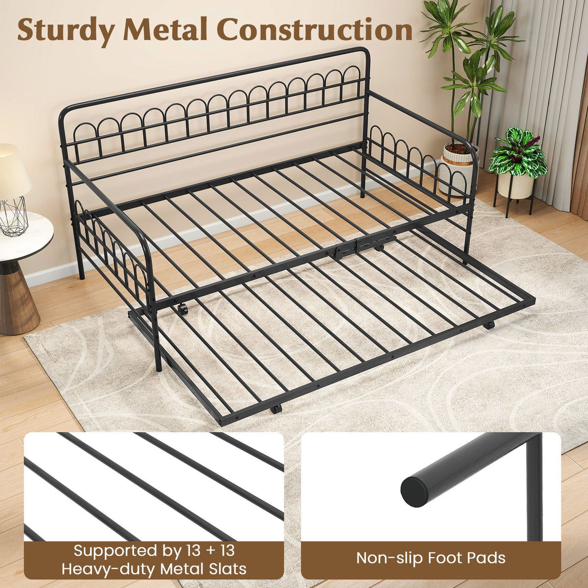 Twin Daybed with Curved Backrest and Armrests-Trundle Bed Frame-DECOROLALA