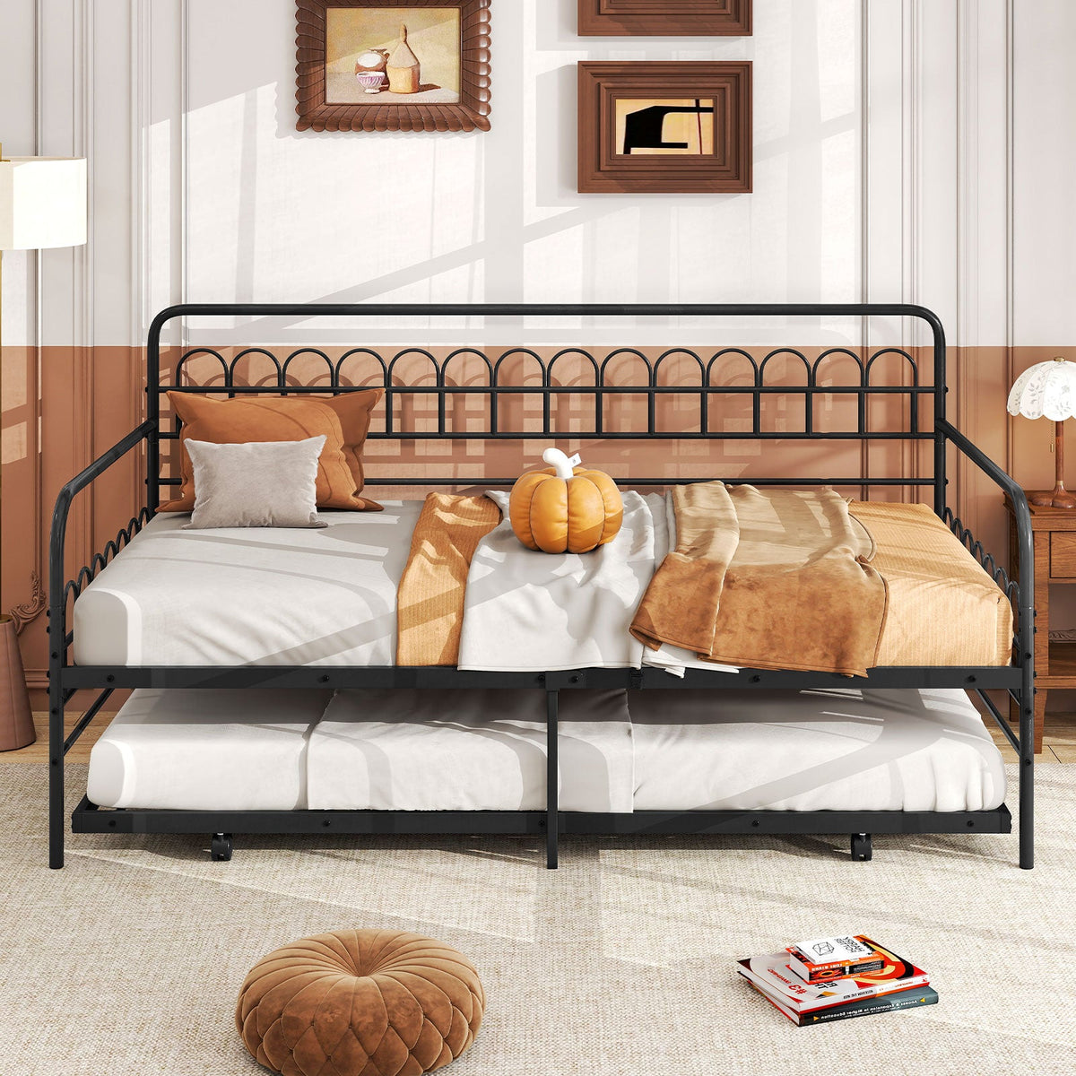 Twin Daybed with Curved Backrest and Armrests-Trundle Bed Frame-DECOROLALA