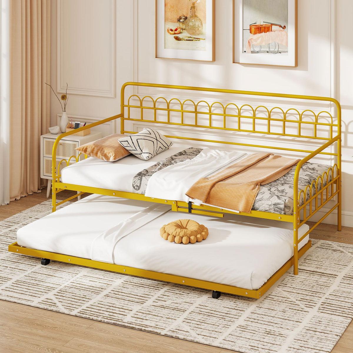 Twin Daybed with Curved Backrest and Armrests-Trundle Bed Frame-DECOROLALA