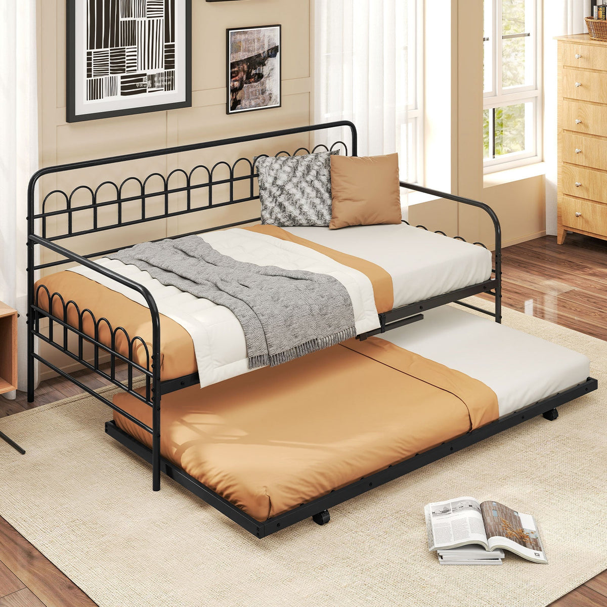 Twin Daybed with Curved Backrest and Armrests-Trundle Bed Frame-DECOROLALA