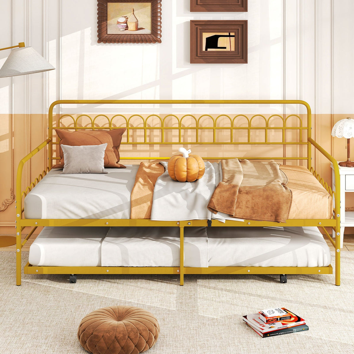 Twin Daybed with Curved Backrest and Armrests-Trundle Bed Frame-DECOROLALA