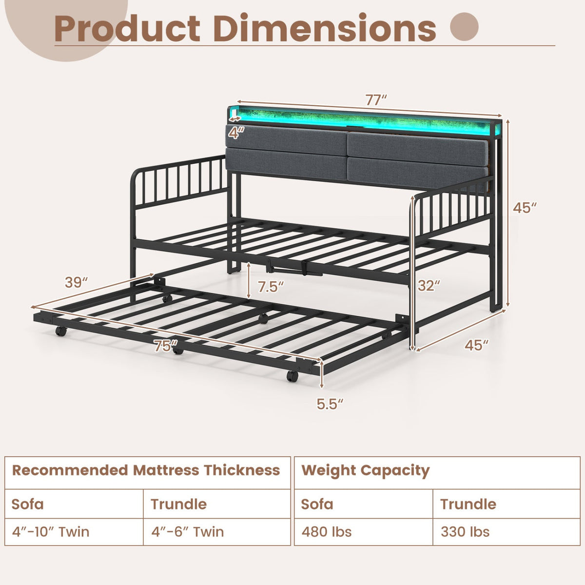 Twin Size Daybed with Trundle and Metal Bed Frame with Headboard-Trundle Bed Frame-DECOROLALA