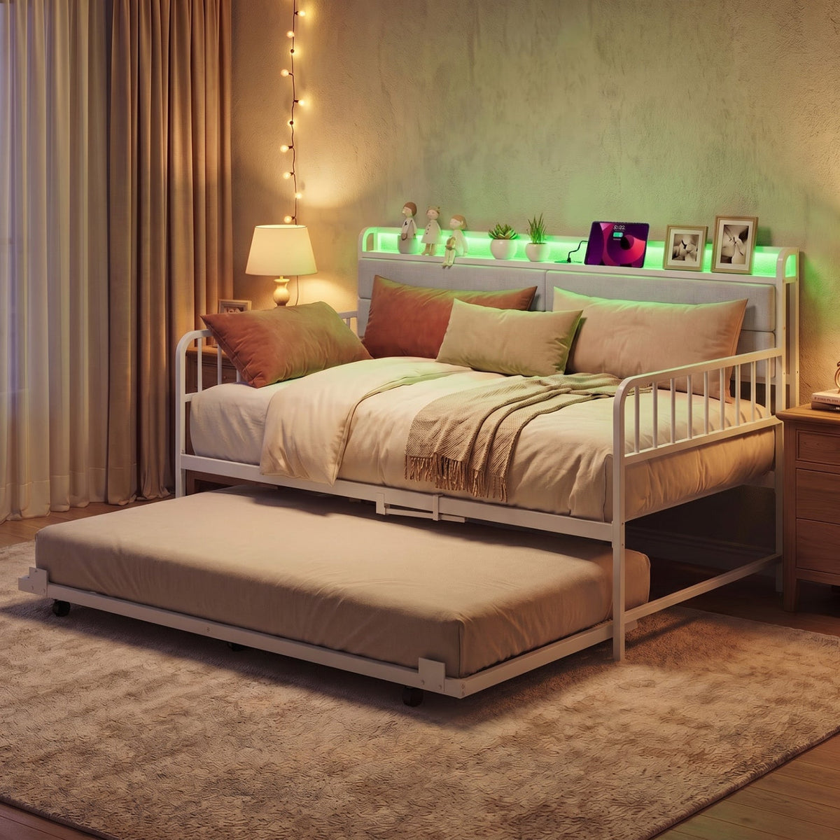 Twin Size Daybed with Trundle and Metal Bed Frame with Headboard-Trundle Bed Frame-DECOROLALA