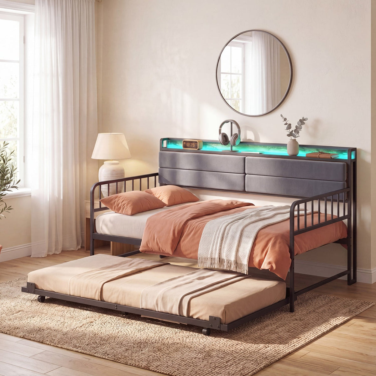 Twin Size Daybed with Trundle and Metal Bed Frame with Headboard-Trundle Bed Frame-DECOROLALA