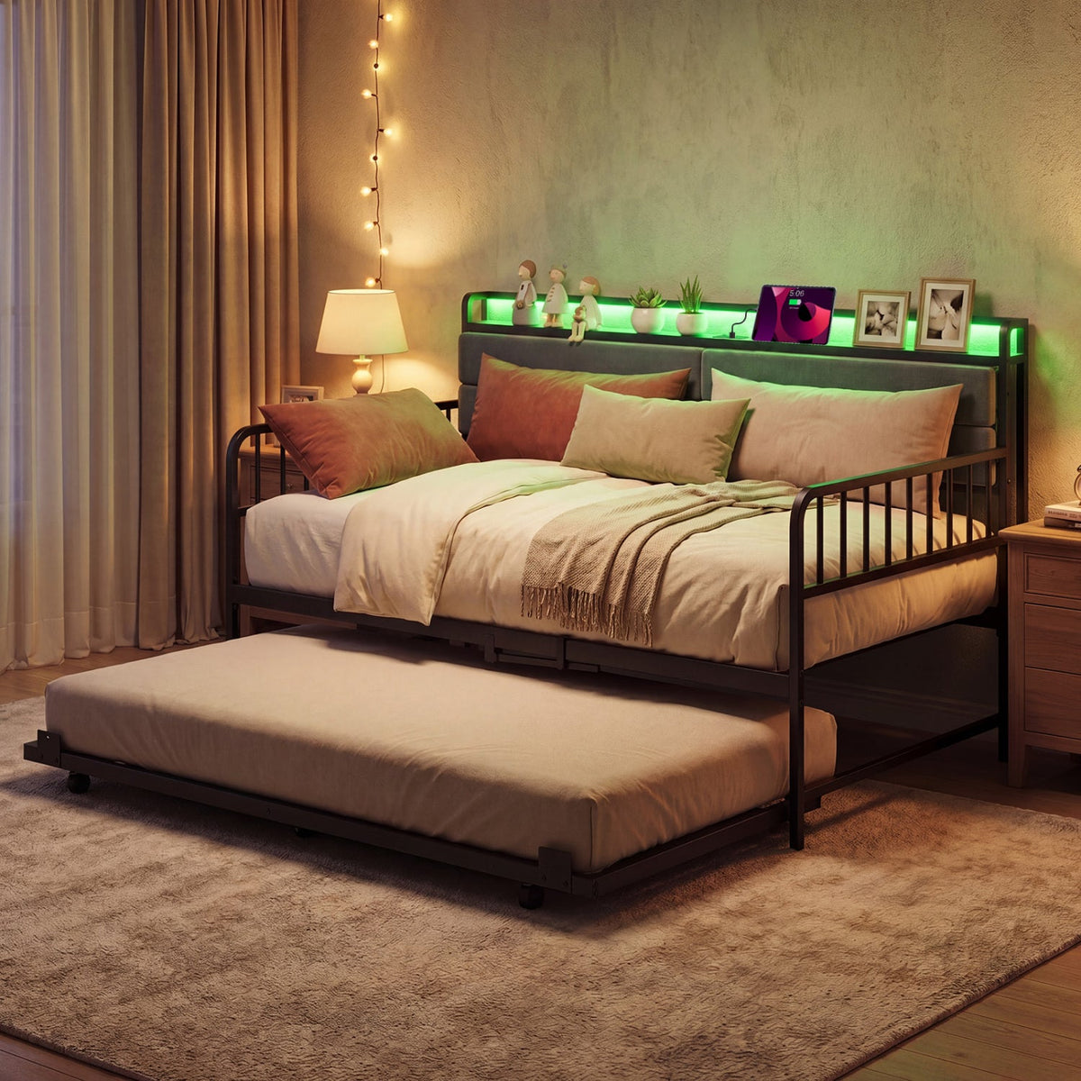 Twin Size Daybed with Trundle and Metal Bed Frame with Headboard-Trundle Bed Frame-DECOROLALA