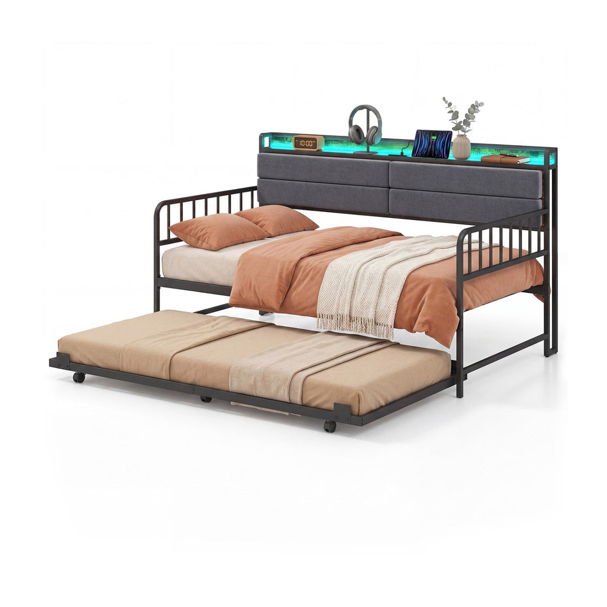 Twin Size Daybed with Trundle and Metal Bed Frame with Headboard-Trundle Bed Frame-DECOROLALA