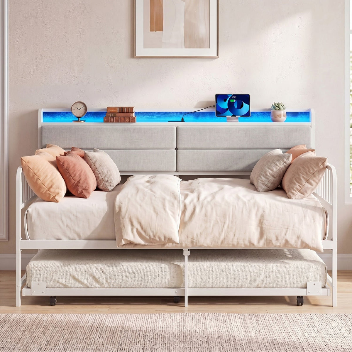 Twin Size Daybed with Trundle and Metal Bed Frame with Headboard-Trundle Bed Frame-DECOROLALA