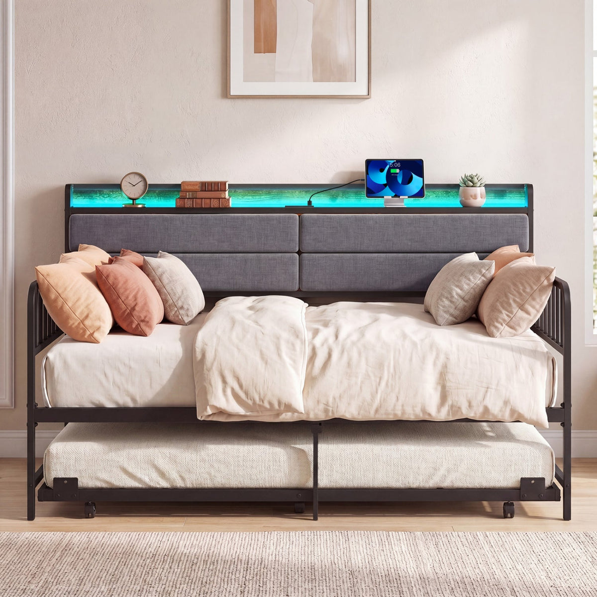 Twin Size Daybed with Trundle and Metal Bed Frame with Headboard-Trundle Bed Frame-DECOROLALA