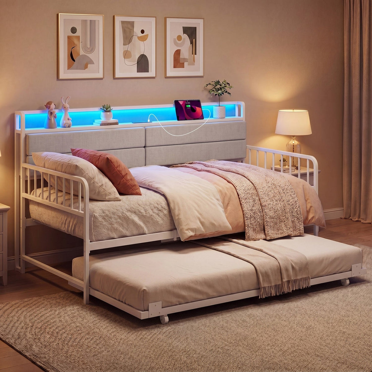 Twin Size Daybed with Trundle and Metal Bed Frame with Headboard-Trundle Bed Frame-DECOROLALA
