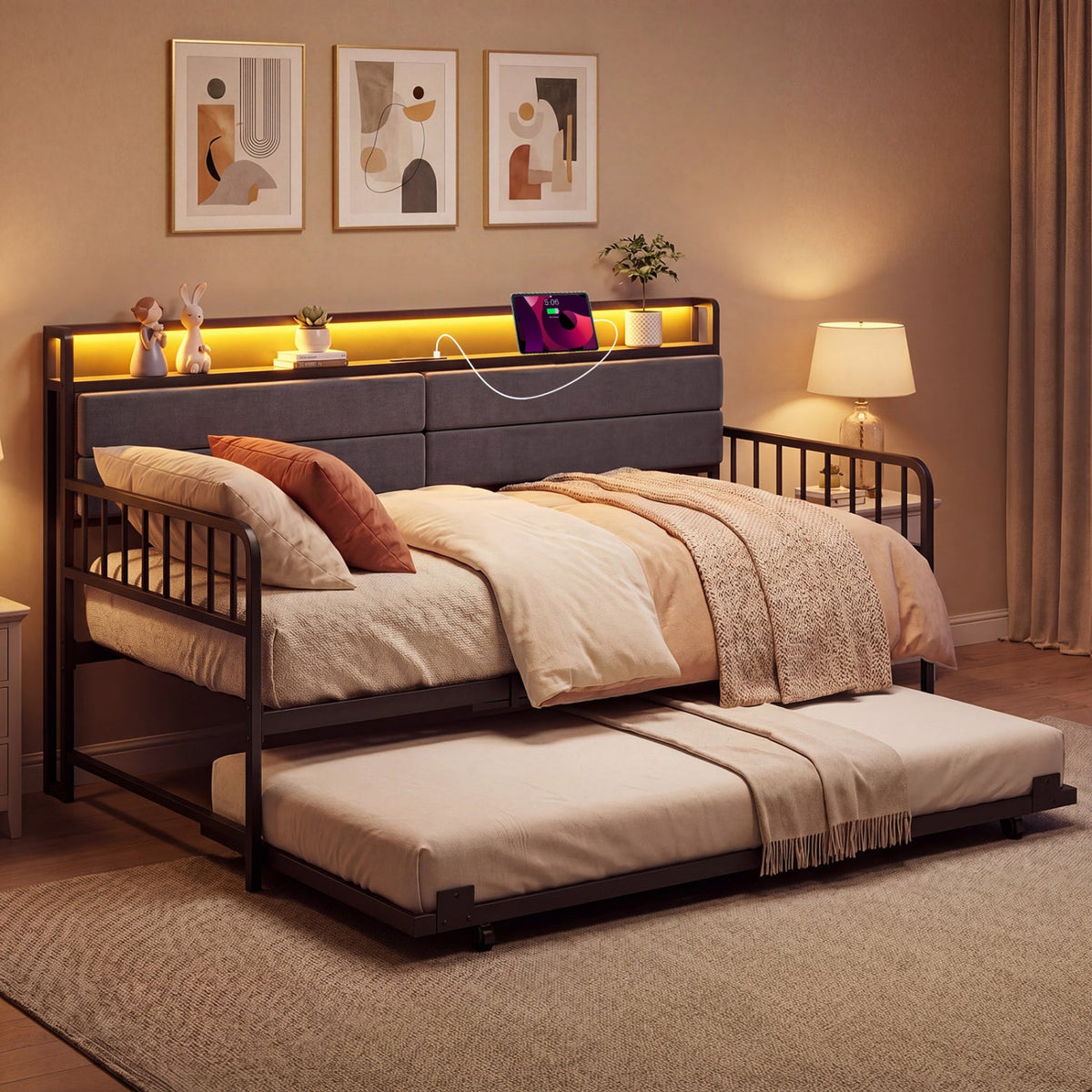 Twin Size Daybed with Trundle and Metal Bed Frame with Headboard-Trundle Bed Frame-DECOROLALA