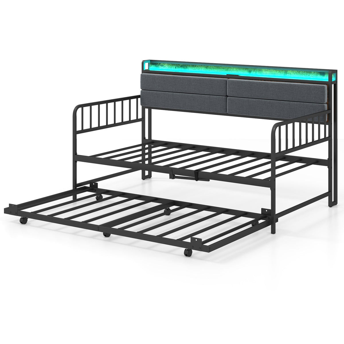 Twin Size Daybed with Trundle and Metal Bed Frame with Headboard-Trundle Bed Frame-DECOROLALA