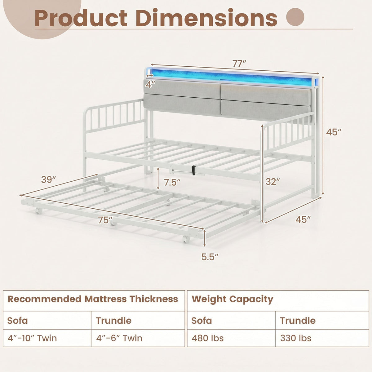Twin Size Daybed with Trundle and Metal Bed Frame with Headboard-Trundle Bed Frame-DECOROLALA