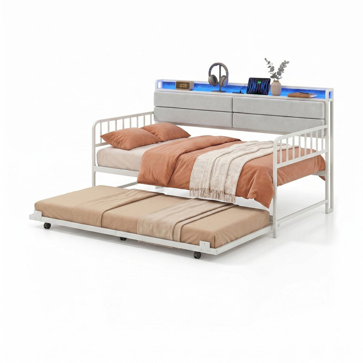 Twin Size Daybed with Trundle and Metal Bed Frame with Headboard-Trundle Bed Frame-DECOROLALA