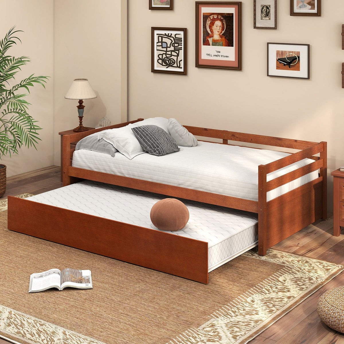 Twin Size Trundle Platform Bed Frame with Wooden Slat Support-Trundle Bed Frame-DECOROLALA