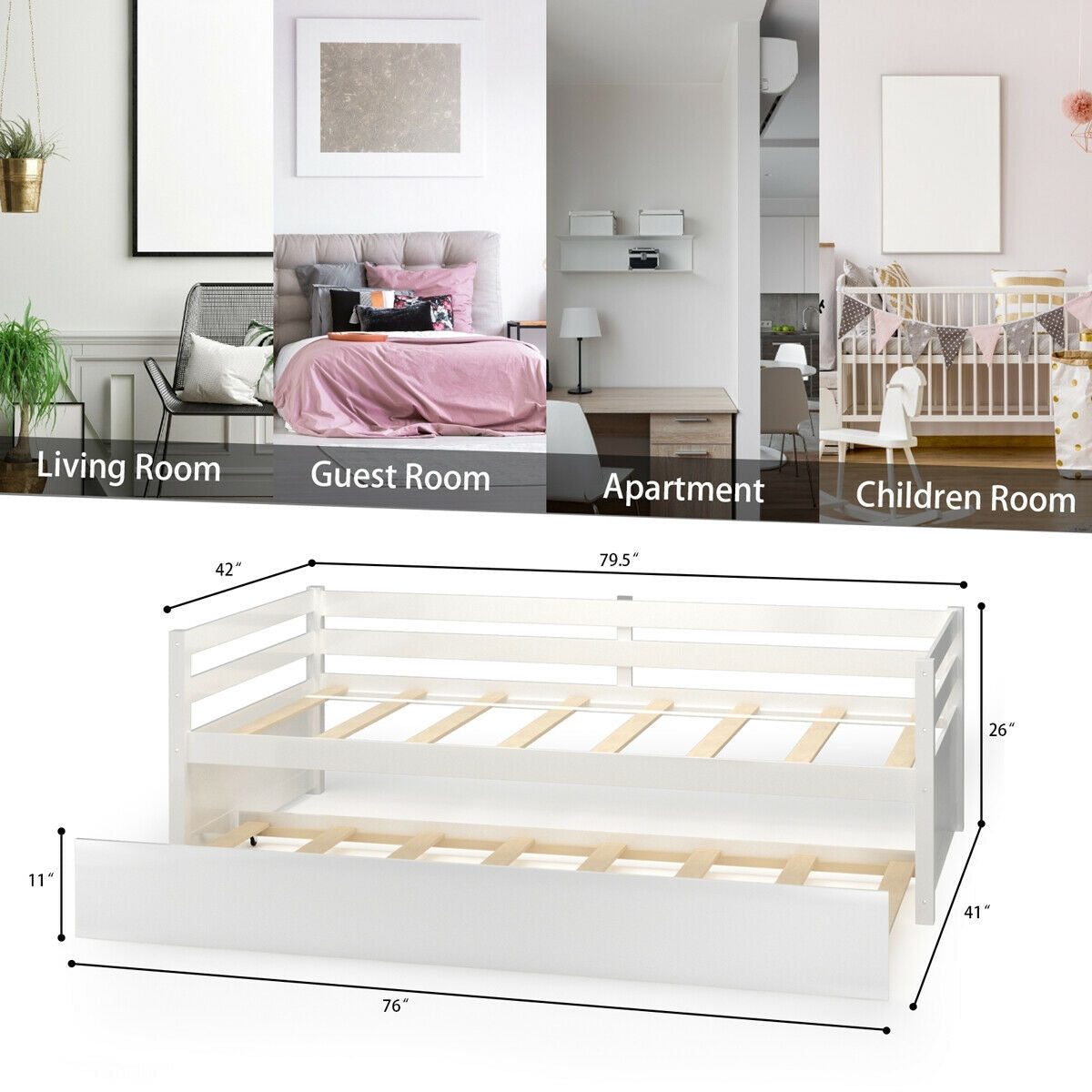 Twin Size Trundle Platform Bed Frame with Wooden Slat Support-Trundle Bed Frame-DECOROLALA