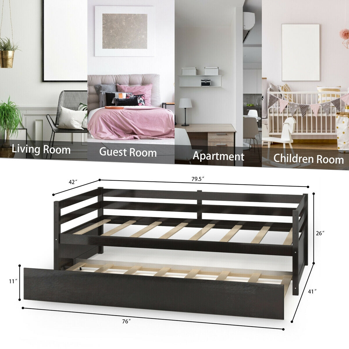Twin Size Trundle Platform Bed Frame with Wooden Slat Support-Trundle Bed Frame-DECOROLALA