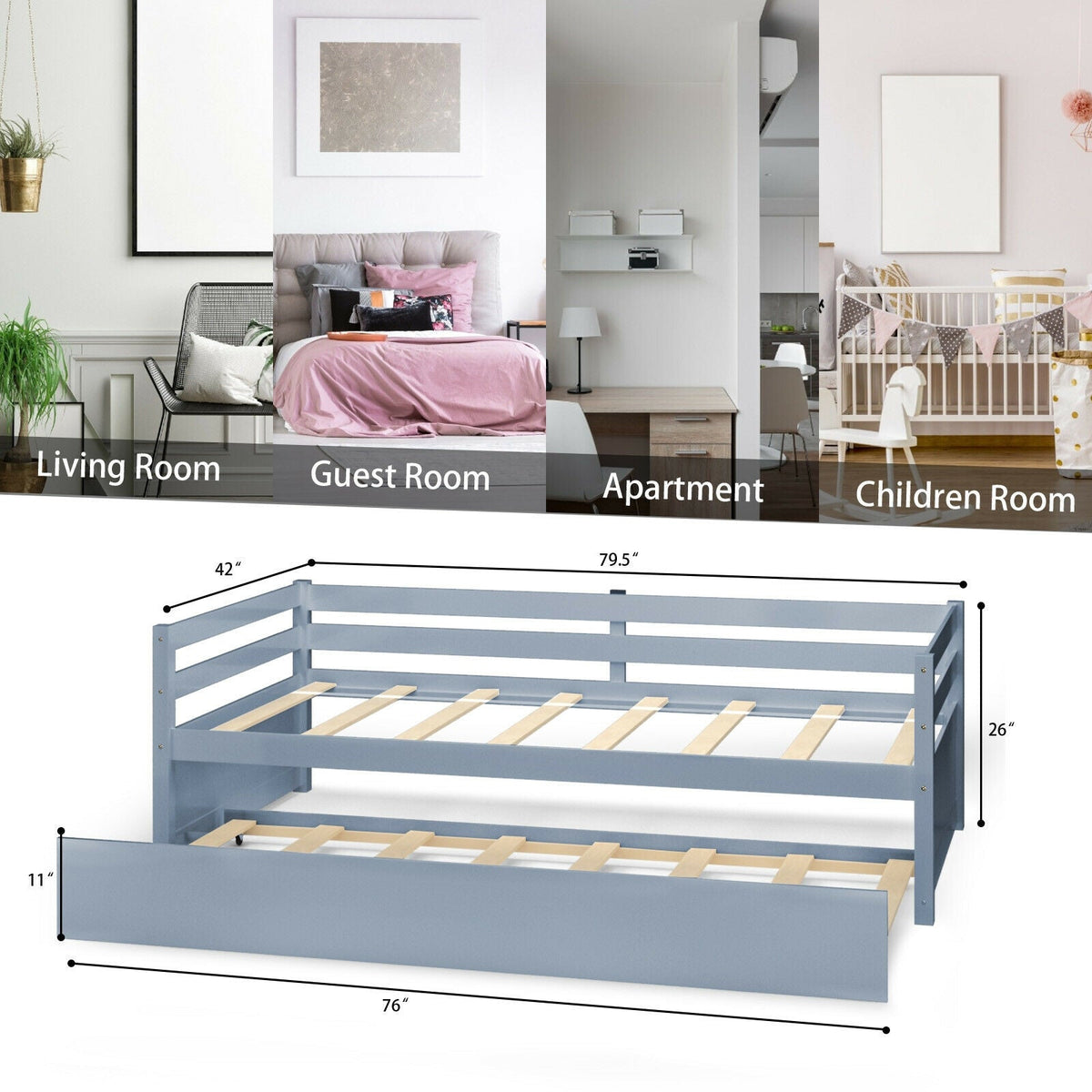 Twin Size Trundle Platform Bed Frame with Wooden Slat Support-Trundle Bed Frame-DECOROLALA