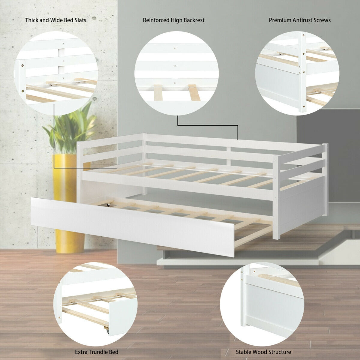 Twin Size Trundle Platform Bed Frame with Wooden Slat Support-Trundle Bed Frame-DECOROLALA