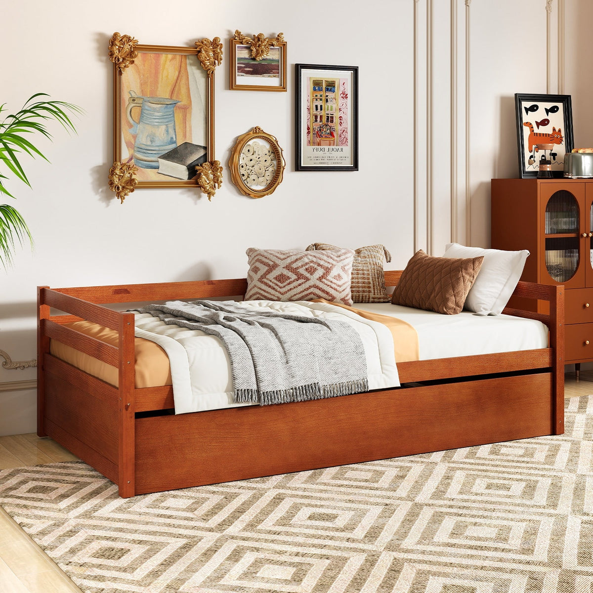 Twin Size Trundle Platform Bed Frame with Wooden Slat Support-Trundle Bed Frame-DECOROLALA
