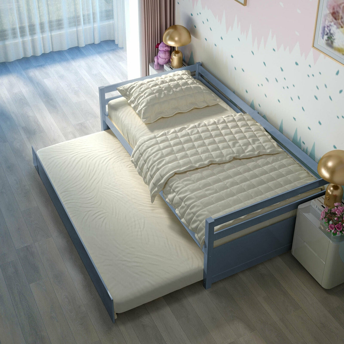 Twin Size Trundle Platform Bed Frame with Wooden Slat Support-Trundle Bed Frame-DECOROLALA