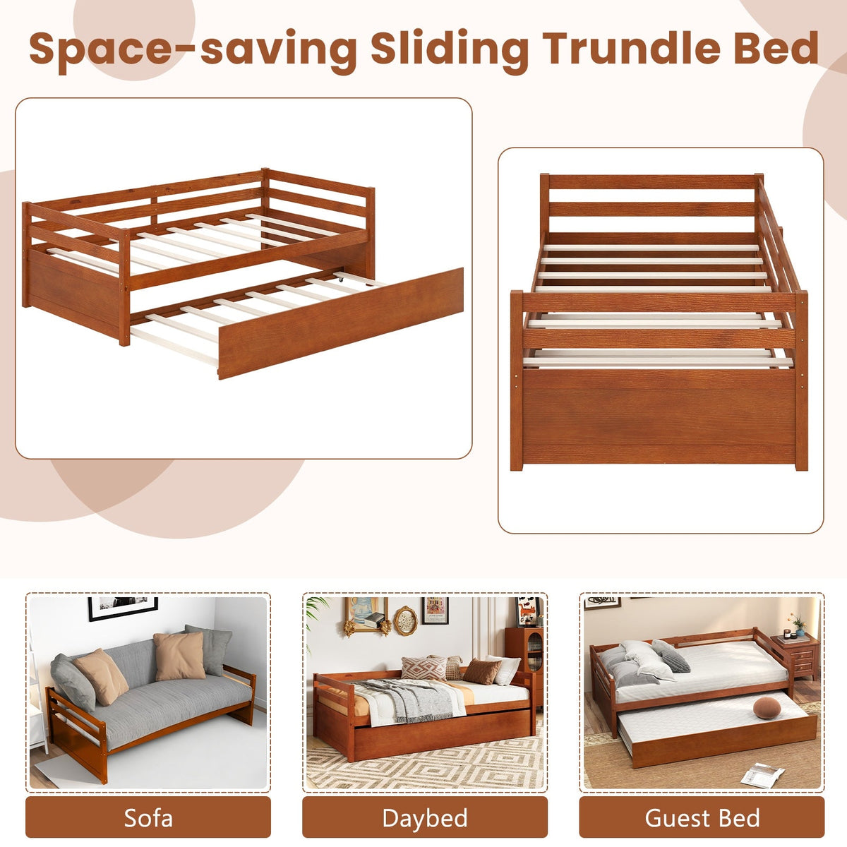 Twin Size Trundle Platform Bed Frame with Wooden Slat Support-Trundle Bed Frame-DECOROLALA
