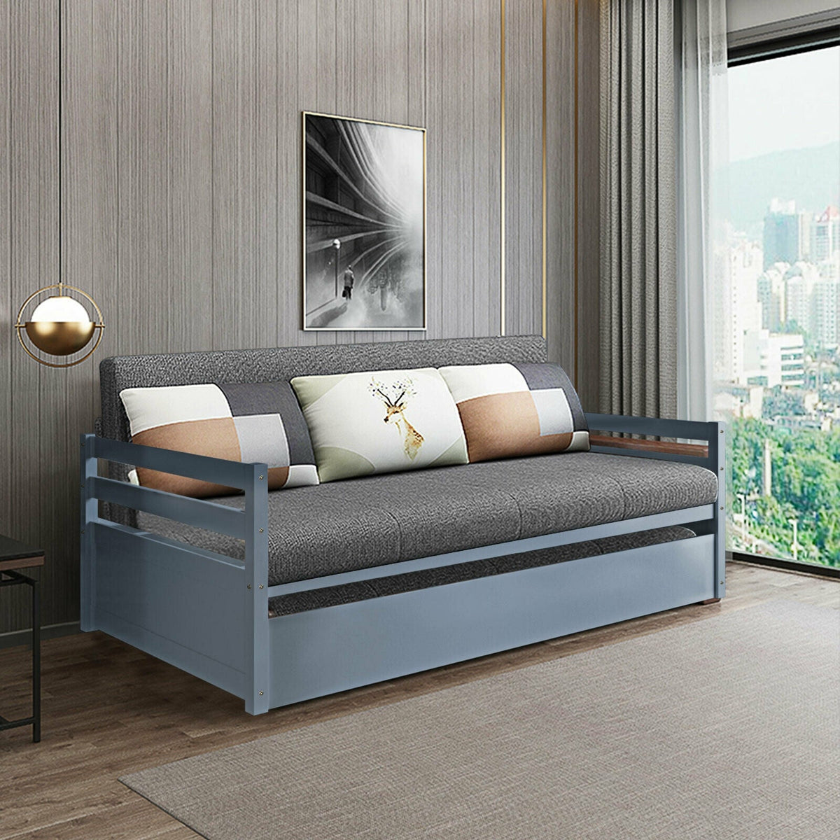 Twin Size Trundle Platform Bed Frame with Wooden Slat Support-Trundle Bed Frame-DECOROLALA