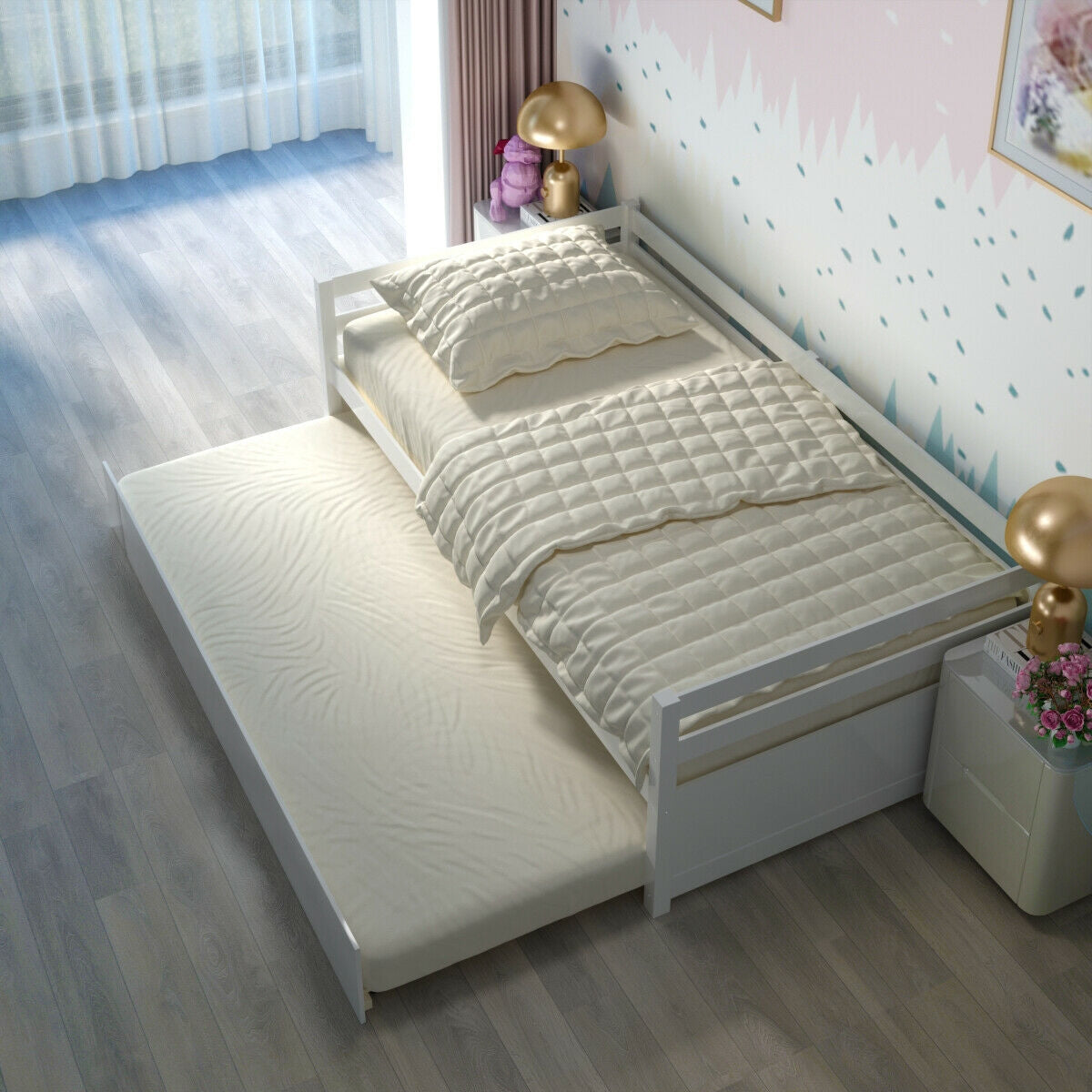 Twin Size Trundle Platform Bed Frame with Wooden Slat Support-Trundle Bed Frame-DECOROLALA