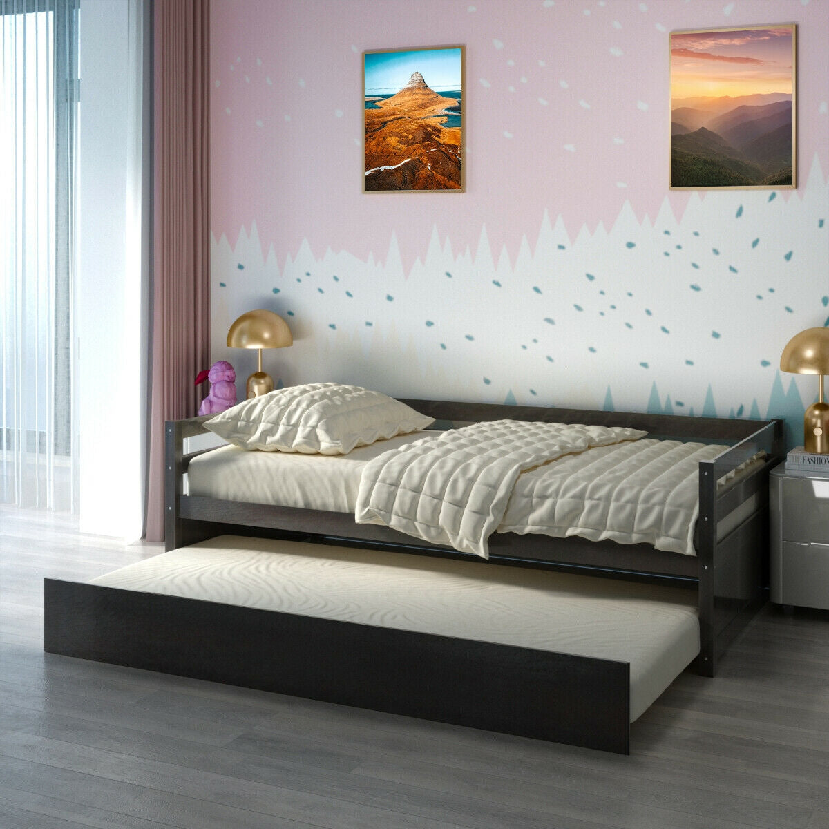 Twin Size Trundle Platform Bed Frame with Wooden Slat Support-Trundle Bed Frame-DECOROLALA