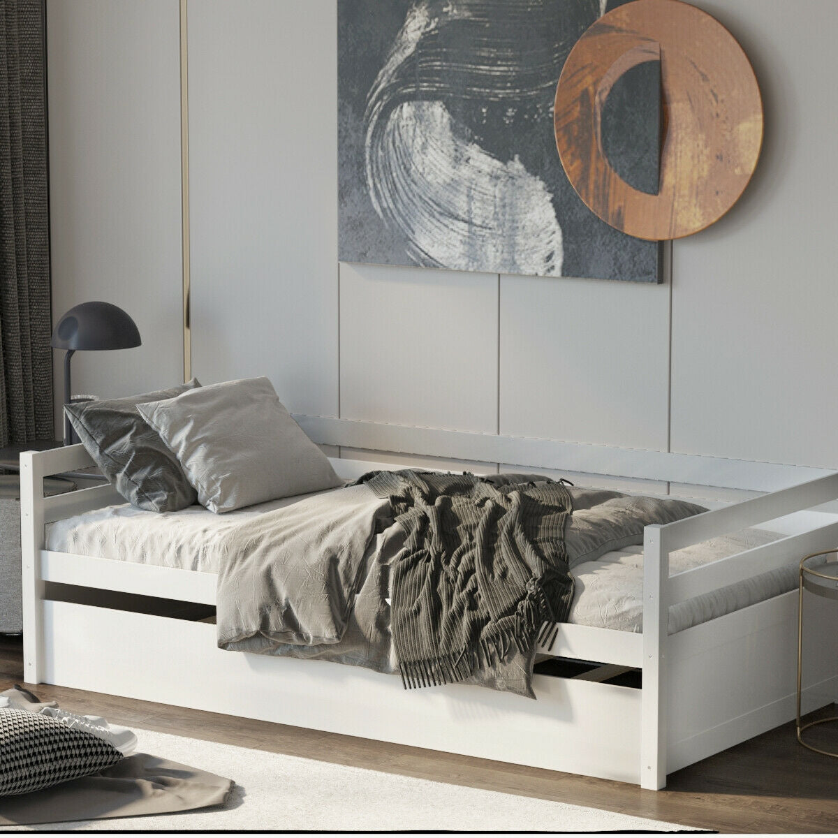 Twin Size Trundle Platform Bed Frame with Wooden Slat Support-Trundle Bed Frame-DECOROLALA