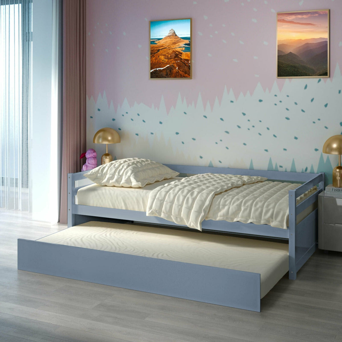 Twin Size Trundle Platform Bed Frame with Wooden Slat Support-Trundle Bed Frame-DECOROLALA