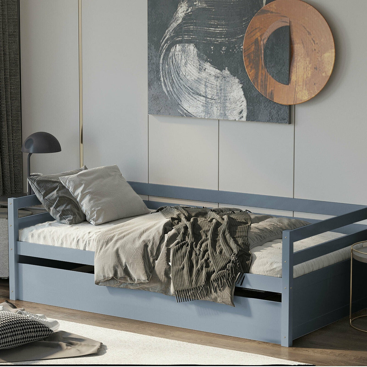 Twin Size Trundle Platform Bed Frame with Wooden Slat Support-Trundle Bed Frame-DECOROLALA