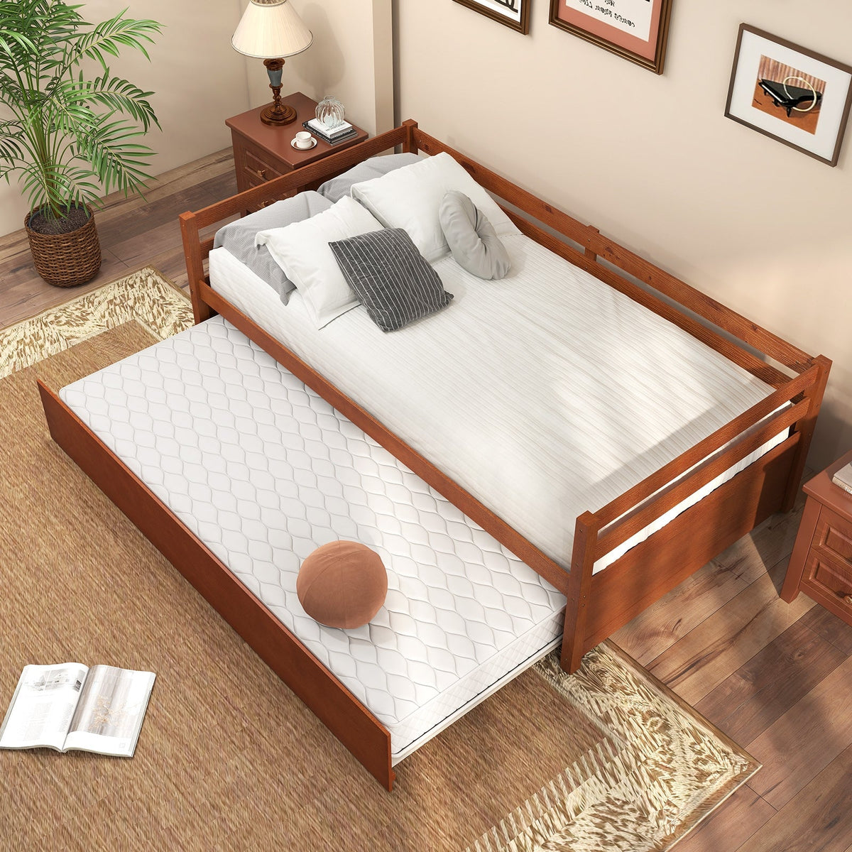 Twin Size Trundle Platform Bed Frame with Wooden Slat Support-Trundle Bed Frame-DECOROLALA