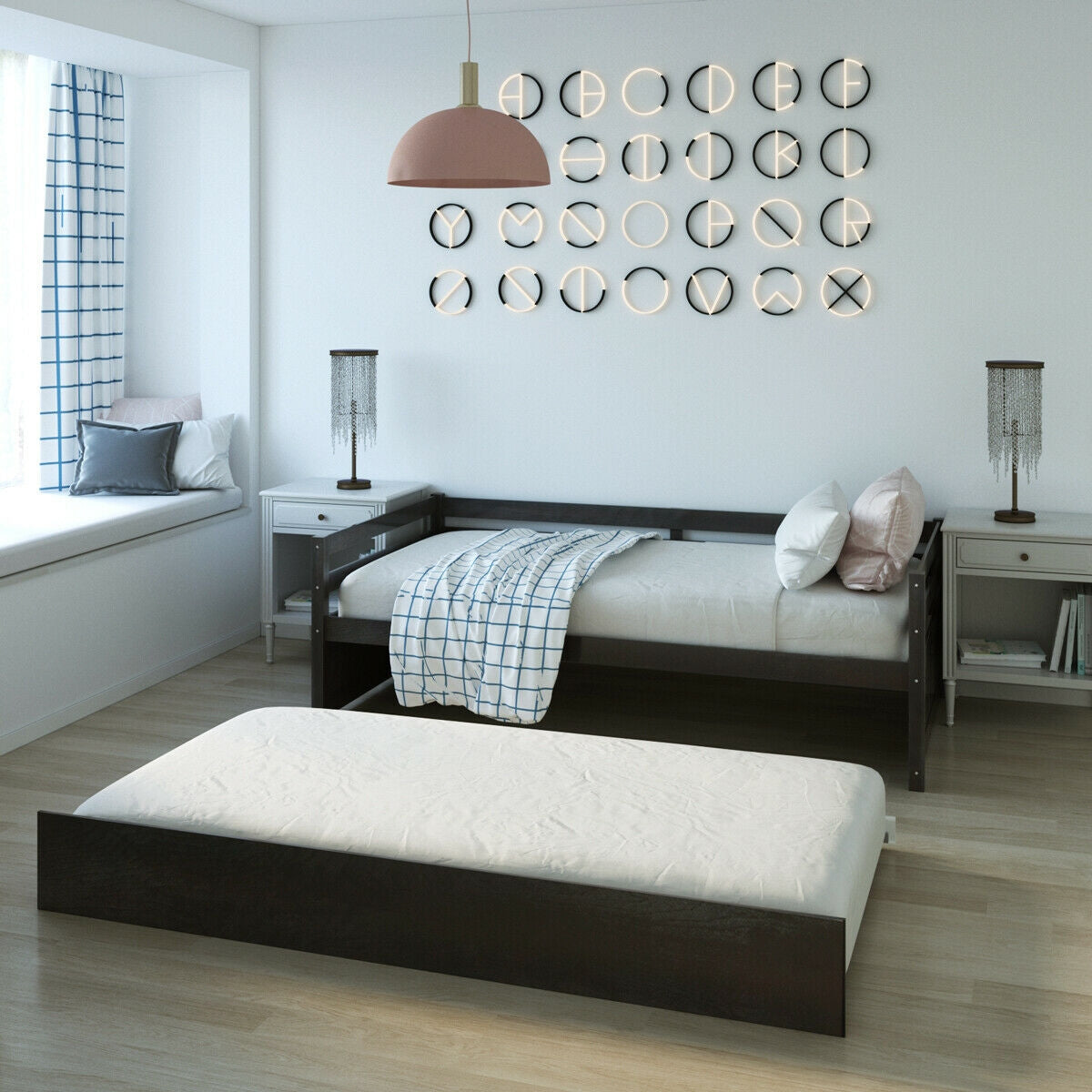 Twin Size Trundle Platform Bed Frame with Wooden Slat Support-Trundle Bed Frame-DECOROLALA
