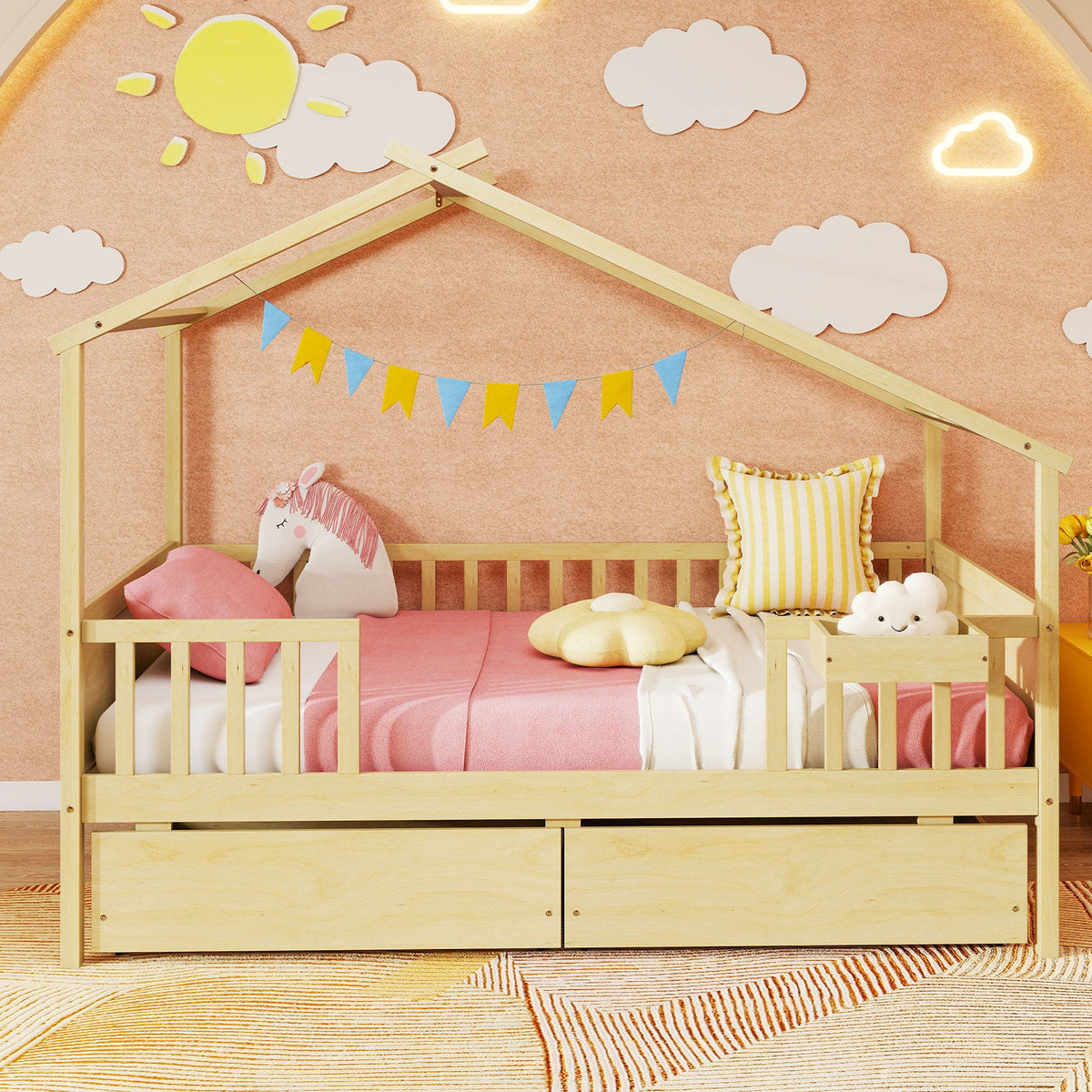 Twin House Bed with 2 Storage Drawers and Roof & Fence Rails-Simple Bed Frame-DECOROLALA