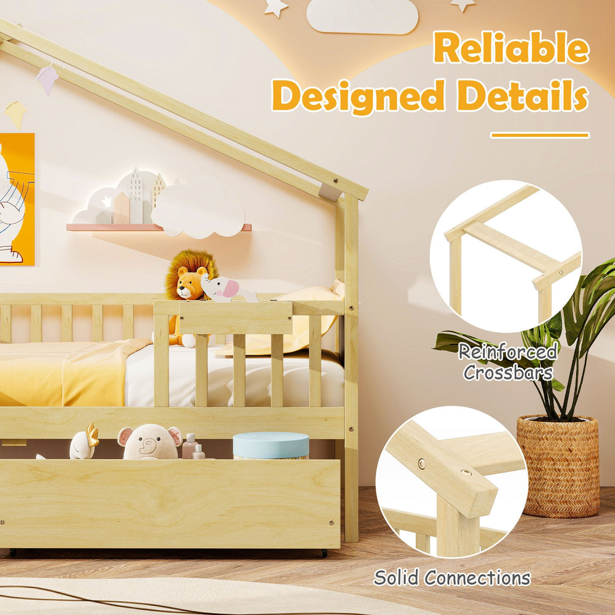 Twin House Bed with 2 Storage Drawers and Roof & Fence Rails-Simple Bed Frame-DECOROLALA