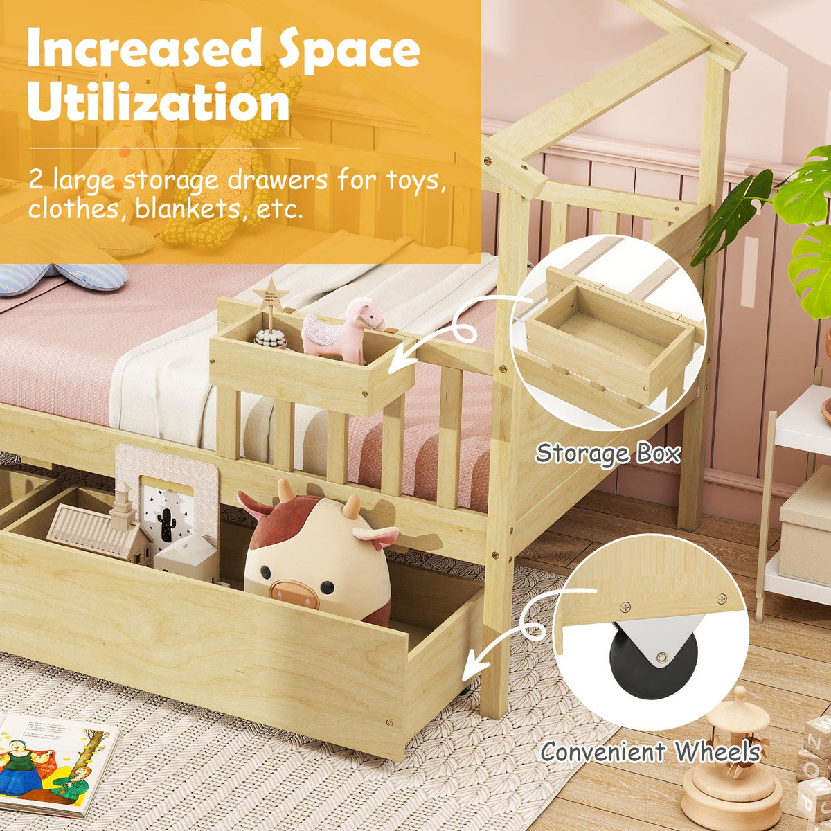 Twin House Bed with 2 Storage Drawers and Roof & Fence Rails-Simple Bed Frame-DECOROLALA