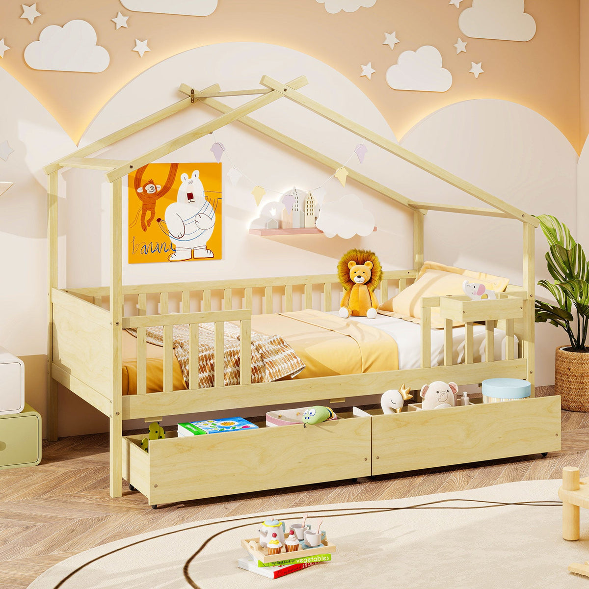 Twin House Bed with 2 Storage Drawers and Roof & Fence Rails-Simple Bed Frame-DECOROLALA