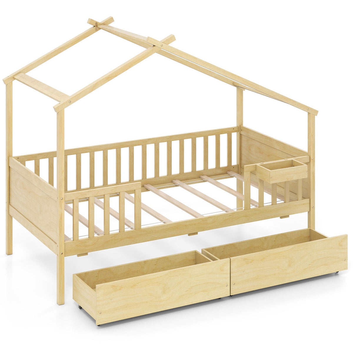 Twin House Bed with 2 Storage Drawers and Roof & Fence Rails-Simple Bed Frame-DECOROLALA