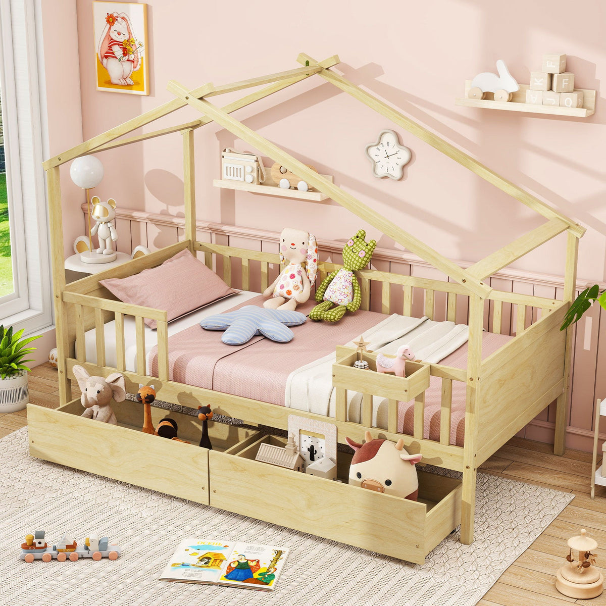 Twin House Bed with 2 Storage Drawers and Roof & Fence Rails-Simple Bed Frame-DECOROLALA